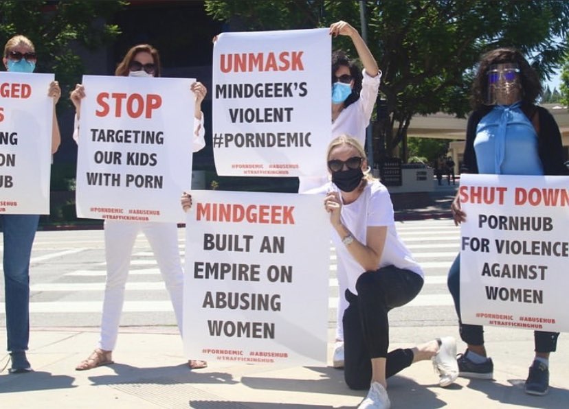 The amazing women of Knockout Abuse West were demonstrating in front of the Pornhub/Mindgeek Los Angeles office today and every Friday until we shut it down. 🔥 #Traffickinghub