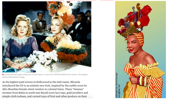 Portuguese Carmen Miranda. Family migrated to Brazil during the Blanqueamiento campaigns of LatAm to INTENTIONALLY WHITEN THE REGION BY INVITING WHITE EUROPEANS. Dad was biz owner & mad she was in the "low-brow" entertainment industry Appropriated Black Bahianas. HIGHLY PAID