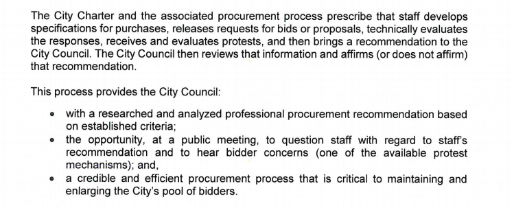 The city says that its procurement process gives the City Council "the opportunity, at a public meeting, to question staff with regard to staff's recommendation and to hear bidder concerns."  http://www.longbeach.gov/globalassets/city-manager/media-library/documents/memos-to-the-mayor-tabbed-file-list-folders/2015/september-15--2015---procurement-process-and-policy