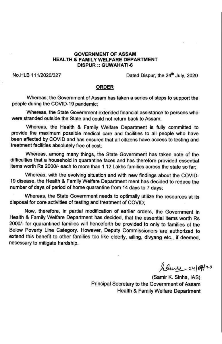 With the evolving situation, Govt of Assam has decided to reduce the home quarantine period after discharge from hospital to 7 days. As such we will not provide essential items worth Rs 2000/ except to the families living under BPL, elderly people, ailing and to Divyangjan.