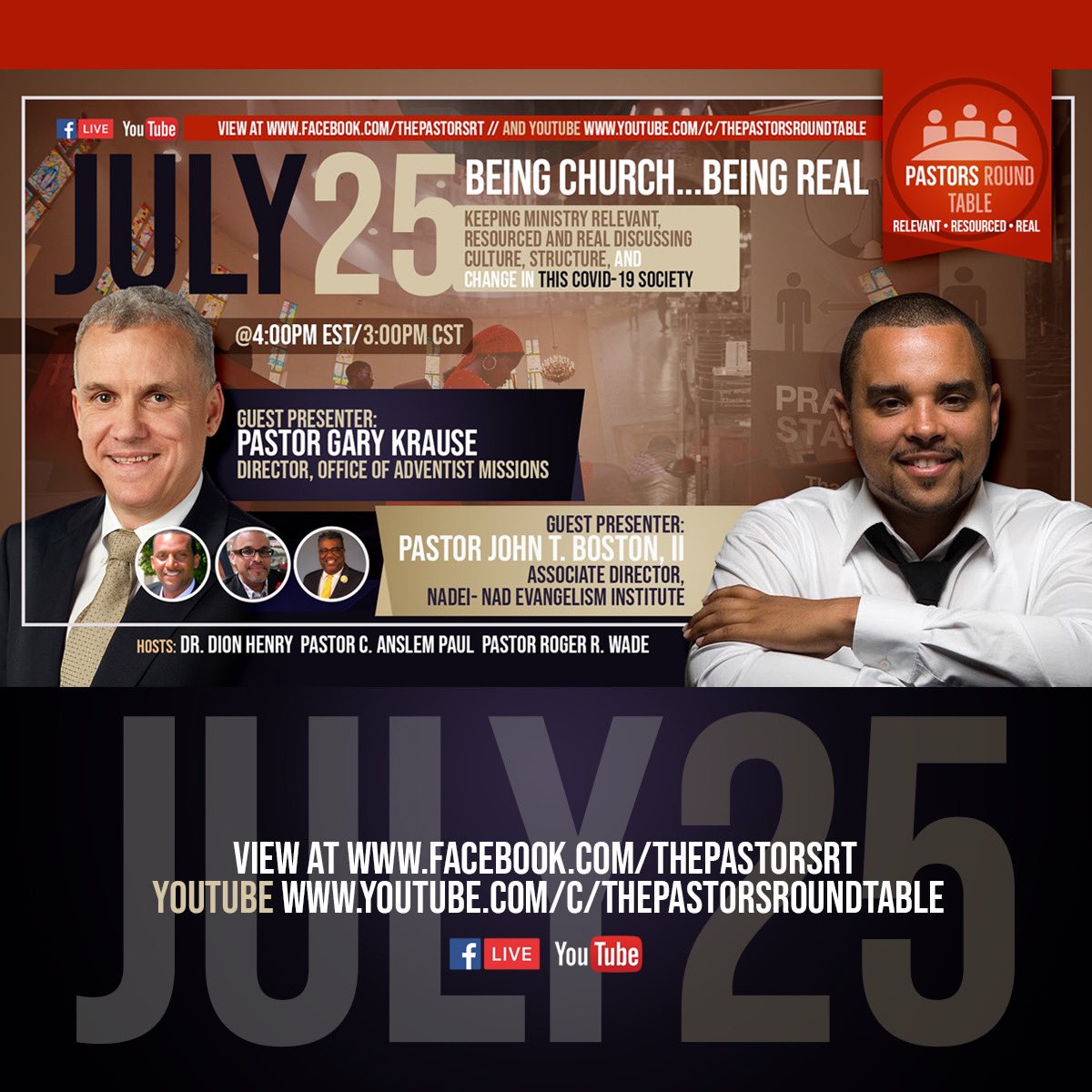 Being Church &amp; Being Real: Keeping Mission and Evangelism Authentic, Honest, &amp; Real. The Pastors’ Round Table this Sabbath - with guests Gary Krause, GC Director of Missions &amp; John T Boston II, Associate Director of the NAD Evangelism Institute.  Don’t miss it!