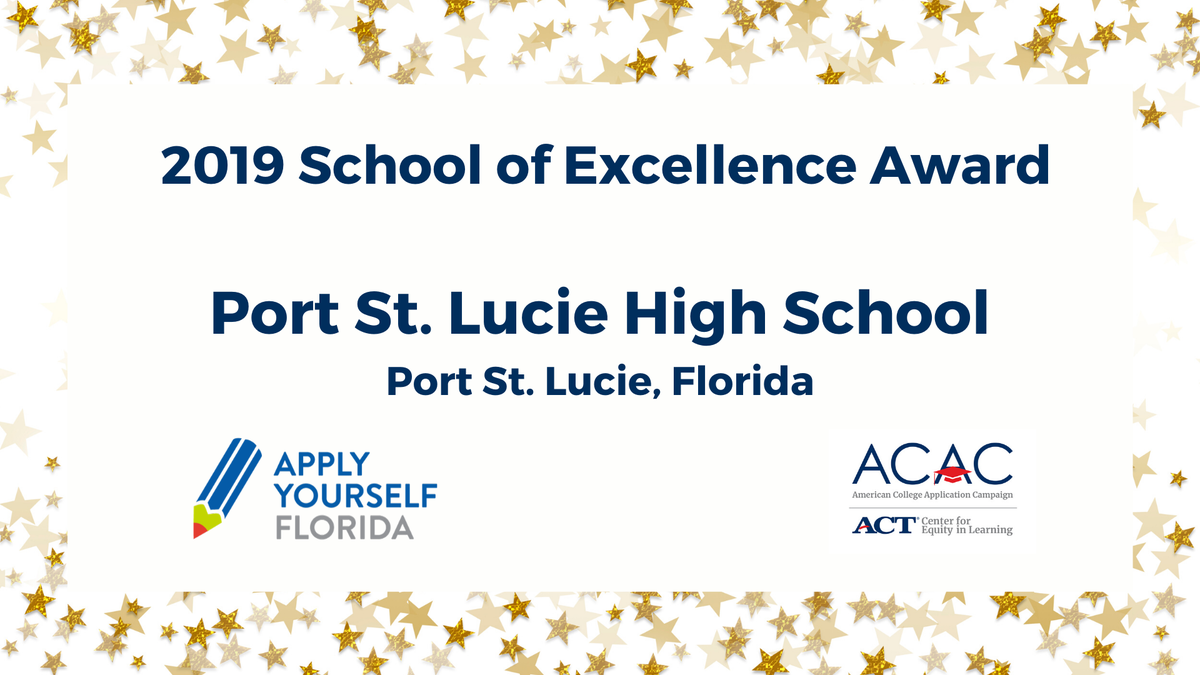 American_CAC's tweet photo. Congratulations to Port St. Lucie High School @PSLHS_News for receiving ACAC's School of Excellence Award for helping more students apply to college in 2019! @1SLPS @FLCollegeAccess #ApplyYourselfFL https://t.co/KewoMBz8Jc