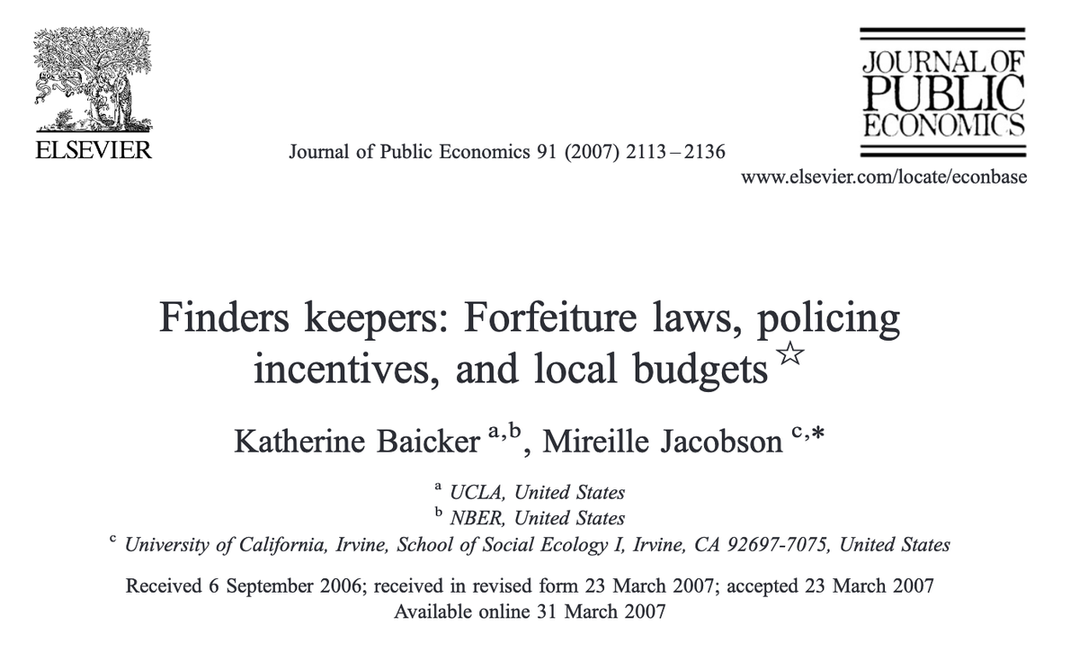 617/ "When we consider the 'real' net incentives faced by police, we see that arrests increase substantially when police get to keep more of the proceeds... a 1% increase in the de facto sharing rate [of forfeitures with police] increases the drug arrest rate by about 0.66%."