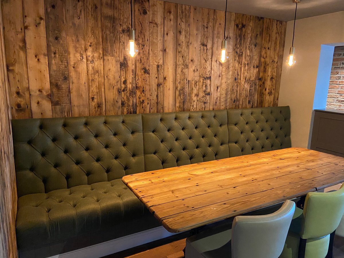 Continuing our before and after pictures.

Tables 20 and 21 have been transformed into a cosy corner, with cladding that was reclaimed from a Manchester Mill supplied by <a href="/lawsonsyard/">lawsonsyard</a> and pendant #lightening from <a href="/Industville/">Industville</a>