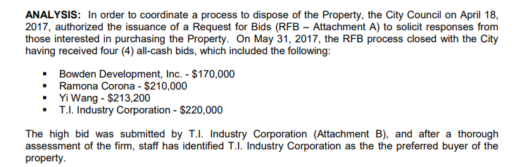 In 2017, when the City of Monrovia looked to finalize the sale of former RDA land, their City Council and the public was given a list of the four bidders, along with the corresponding offers, ranked by city staff:  http://www.cityofmonrovia.org/Home/ShowDocument?id=8857