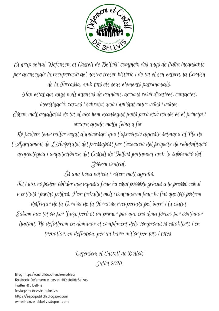 Des de Defensem el Castell de Bellvís us donem les gràcies. La lluita continua #CastelldeBellvís #CornisaTorrassa