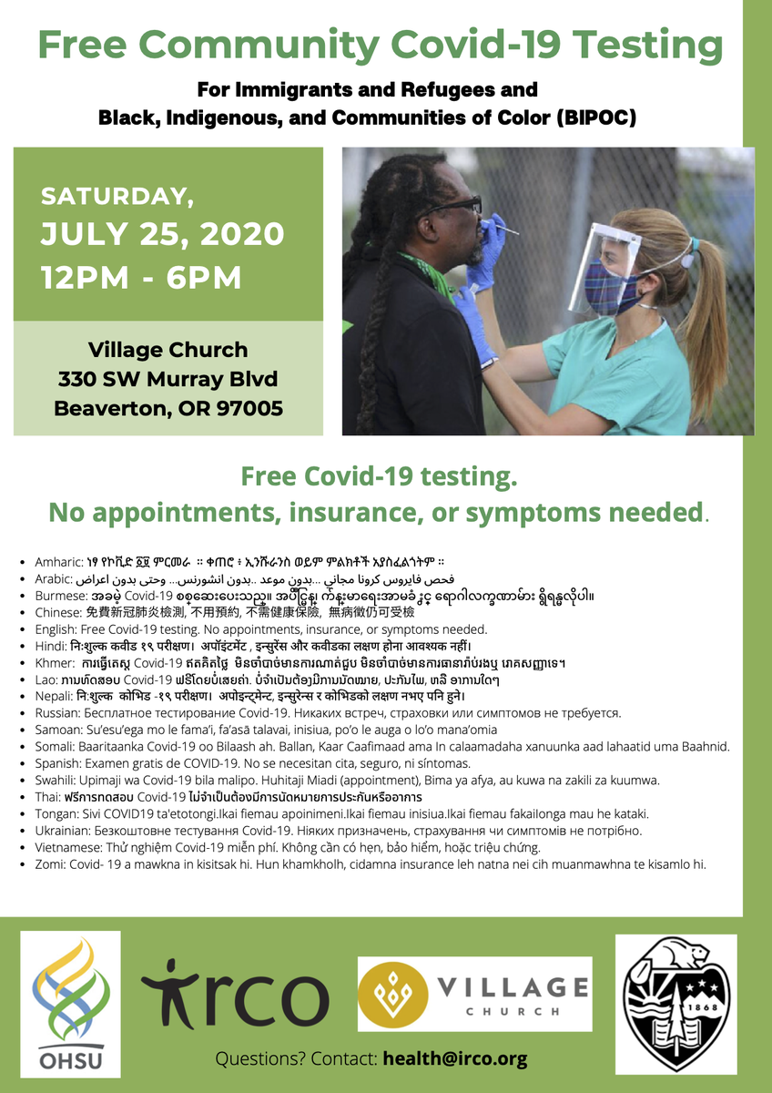 Free covid testing tomorrow 7/25 in Beaverton, OR. Share widely! No symptoms, insurance, or appointment needed.