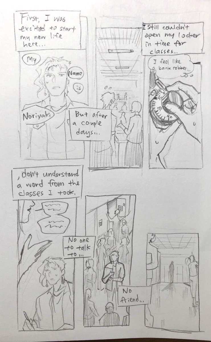 USA highschool AU of #jjba
⚠️its a little bit #jotakak and little bit of other characters.
⚠️Kakyoin cries.
⚠️I made up a bit of Kakyoin's past.
I handdrawn these so sorry there rough. and please bear with my English as second language.
⚠️please read from left➡️right
P1-p4 