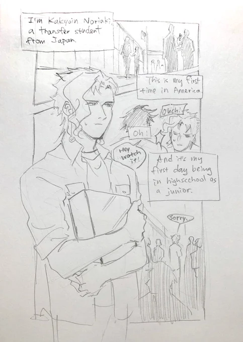 USA highschool AU of #jjba
⚠️its a little bit #jotakak and little bit of other characters.
⚠️Kakyoin cries.
⚠️I made up a bit of Kakyoin's past.
I handdrawn these so sorry there rough. and please bear with my English as second language.
⚠️please read from left➡️right
P1-p4 