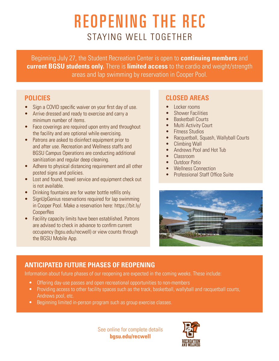 BGSURecWell's tweet image. The Rec Center reopens Monday, July 27 for current BGSU students and continuing members only. There will be limited access to the cardio and weight/strength areas and lap swimming by reservation in Cooper Pool. #ForwardFalcons #StayingWellTogether