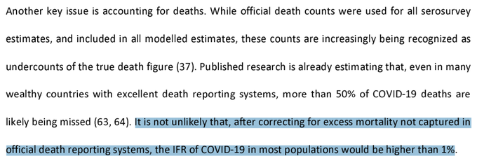 4/The CDC's cited source is the paper from part 2/. But that paper states it likely *under-estimates* IFR:"[when only analysing those serosurveys that had a low risk of bias] the inferred IFR rises substantially to 0.76% (0.37-1.15%)" https://www.medrxiv.org/content/10.1101/2020.05.03.20089854v4.full.pdf