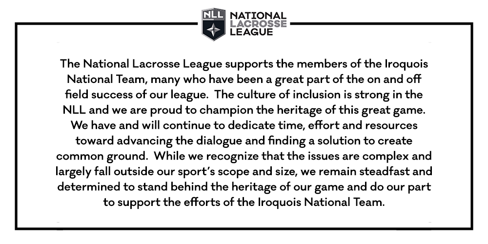 NLL's tweet photo. The game of lacrosse does not exist without the Haudenosaunee. We stand with the @IRQ_Nationals and support the originators of the game. #TogetherAsOne https://t.co/rs8Ofu1wmg