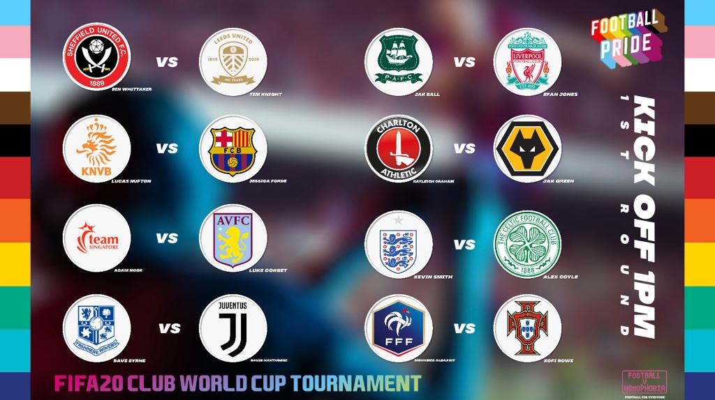 FootballPrideUK's tweet photo. Here is the draw in full for tomorrow's Football Pride FIFA 20 tournament.

These ties will be played from 1pm on Saturday 25th July 2020.  Games will be available live on Twitch, details to follow via @SamuelTimms3 https://t.co/9unOguJ4Wf