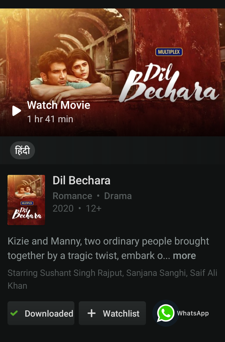 1710Sohail's tweet photo. What a great movie !! #DilBechara amazing screenplay n amazing direction...❤️ 

Each n every character of this movie are entertaining. It will surely make u laugh in the starting but will make u cry too in the ending...😔🥺

#DilBecharaDay 😍#SushantSinghRajpoot #SanjanaSanghi https://t.co/eydH0bMSZZ
