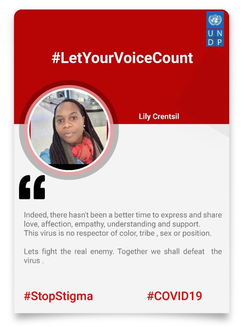 UNDPGhana's tweet photo. Let's fight the real enemy. Together we shall defeat the virus ~ Lily Aba Crentsil's strong message to everyone, as part of our #LetYourVoiceCount challenge. #STOPSTIGMA #COVID19 https://t.co/7B5iPFgQY5