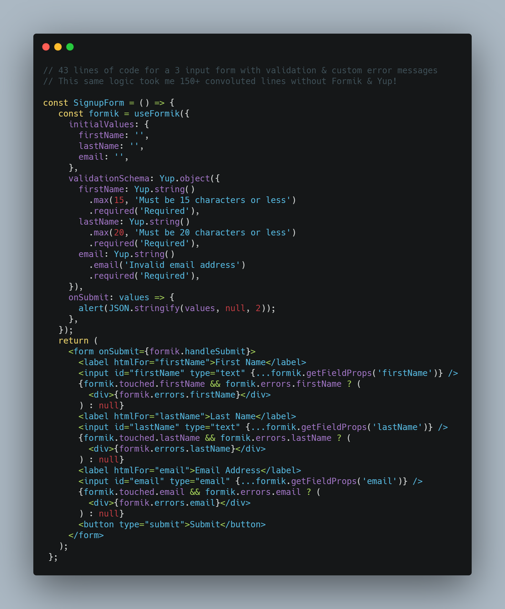 Just discovered <a href="/formikhq/">Formium</a> and it's an absolute game changer for dealing with forms in React. 

Pair it with <a href="/monasticpanic/">jason quense</a>'s library Yup for form validation and it's even better. Bye bye state &amp; custom handlers.

Hello Formik.