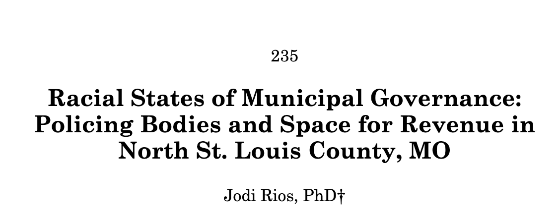 621/ "The higher the % of Black residents in a city, the higher the % of the municipal budget derived from court fines and fees. In... majority-White cities... Black motorists make up a significant number of traffic stops... [and] are still policed for revenue." ( @rios_jss)