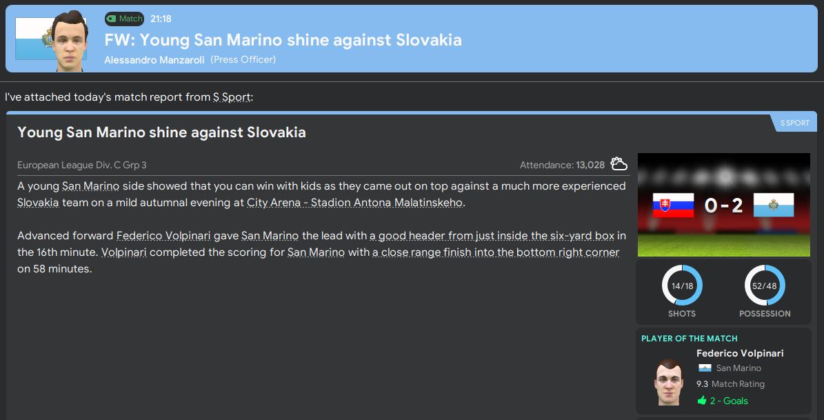 Unfortunately, defeat against Kosovo meant that we failed to win the group, but a solid away win in Slovakia meant that we finished in style. Next up is qualifying for Euro 2032 and going into it with some optimism that we can challenge for a best 2nd placed qualifier...  #FM20