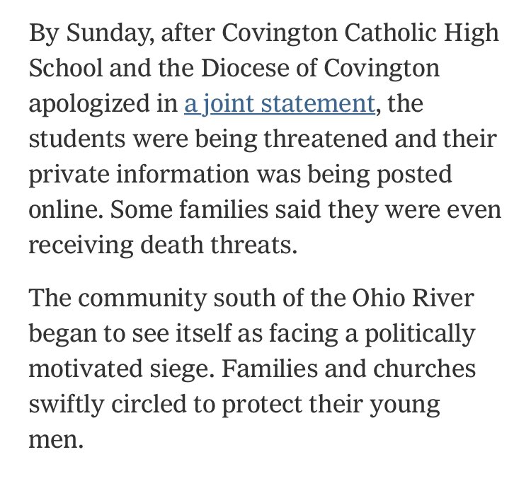 Here’s  @nytimes, who similarly still haven’t corrected their accounting or taken down their tweets about students “jeering” Phillips. You know why the families “swiftly circled”  @nytimes? Because you and your industry lied about their kids.