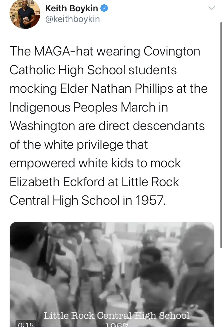 I spared most of the CNN family but couldn’t help but mention  @keithboykin who called these kids “direct descendants of the white privilege that empowered white kids to mock Elizabeth Eckford at Little Rock Central High School in 1957.”