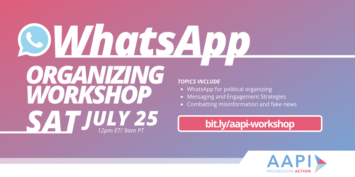 aapialliance's tweet photo. 📱📱 We can all combat #misinformation and #fakenews right from our phones.
Join our workshop tomorrow on organizing strategies for #Whatsapp: https://t.co/sU0zPfSTLM
#AAPI2020 #Organize2020 https://t.co/N837iTK7oC