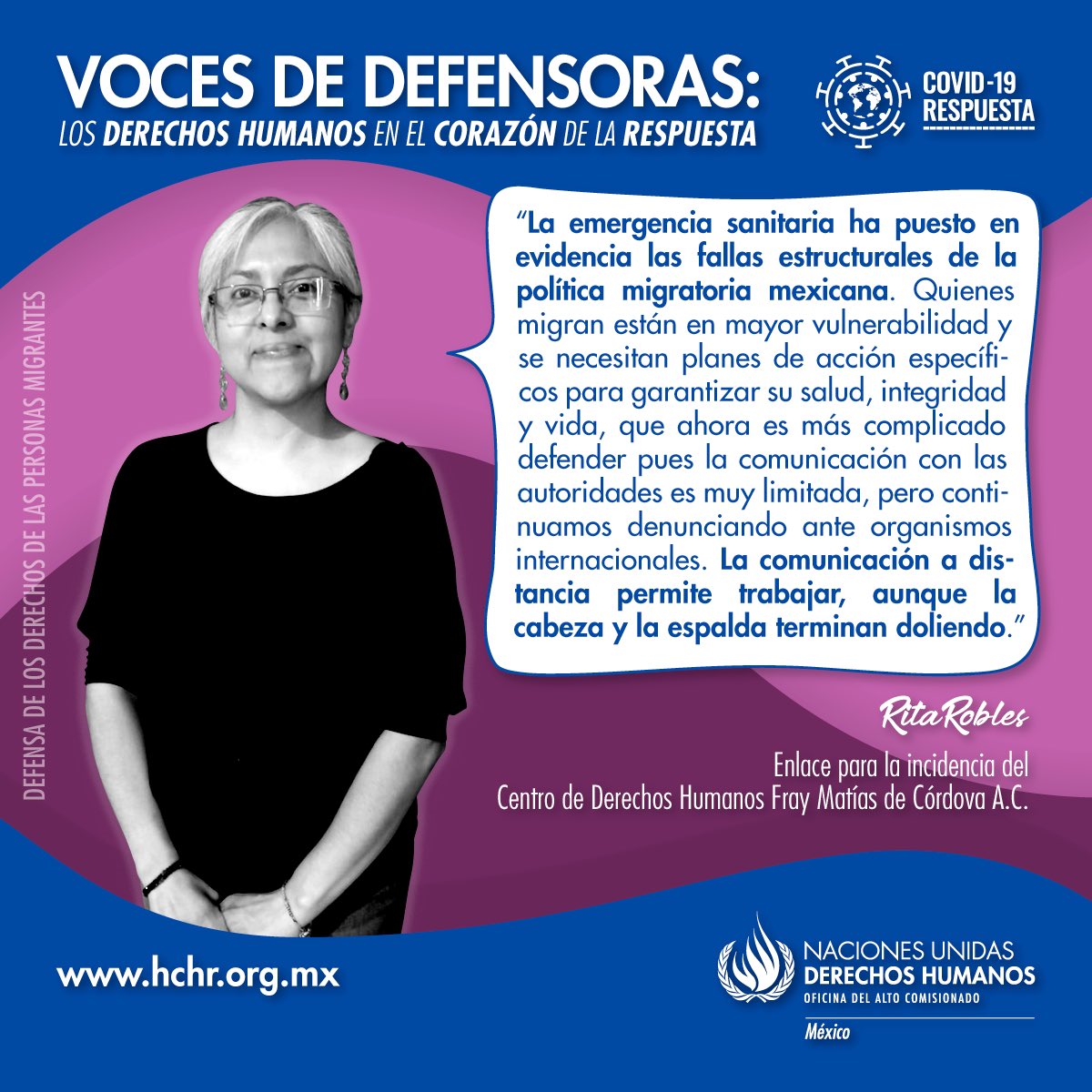 ONUDHmexico's tweet photo. Rita Robles, como enlace del @CDHFrayMatias, alza la voz para señalar que se necesitan planes de acción que garanticen los #DDHH de la población migrante, y destaca la importancia de fortalecer la comunicación a distancia con las autoridades.
#VocesDeDefensoras #ONUMxCovid19 https://t.co/jfkk1py1tx