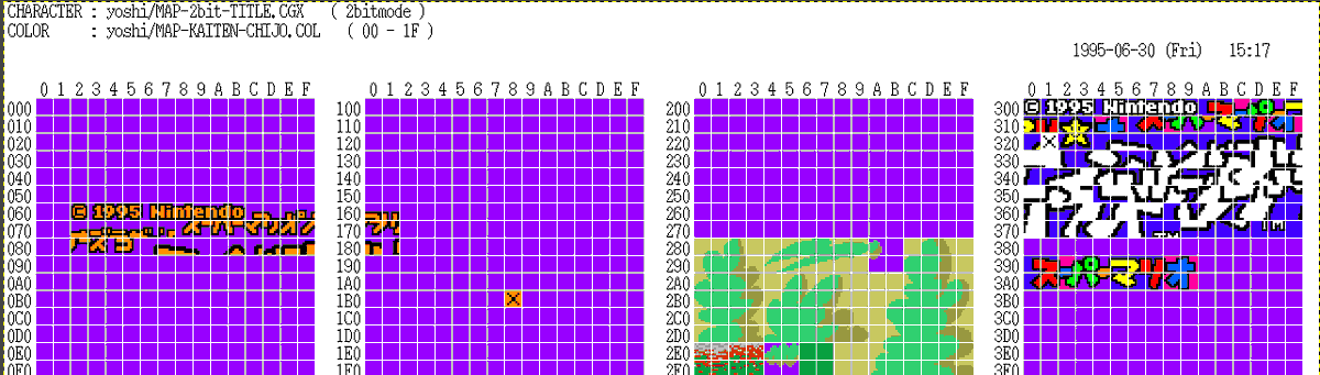_=MAP-2bit-TITLE.CGX=P151752.xwd - 6/30/1995 1:18AMA bitmap containing planning, in tiles, for the Yoshi's Island title screen!