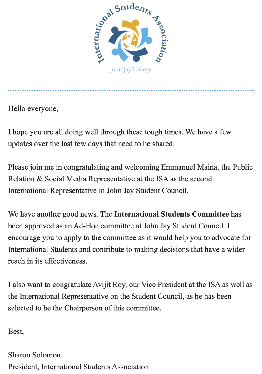 JohnJayISA's tweet photo. Important Updates on International Students Community - https://t.co/S20dt3jHlb

Apply for International Students Committee: https://t.co/aKJGqlcszA https://t.co/lNEFnH6oFE