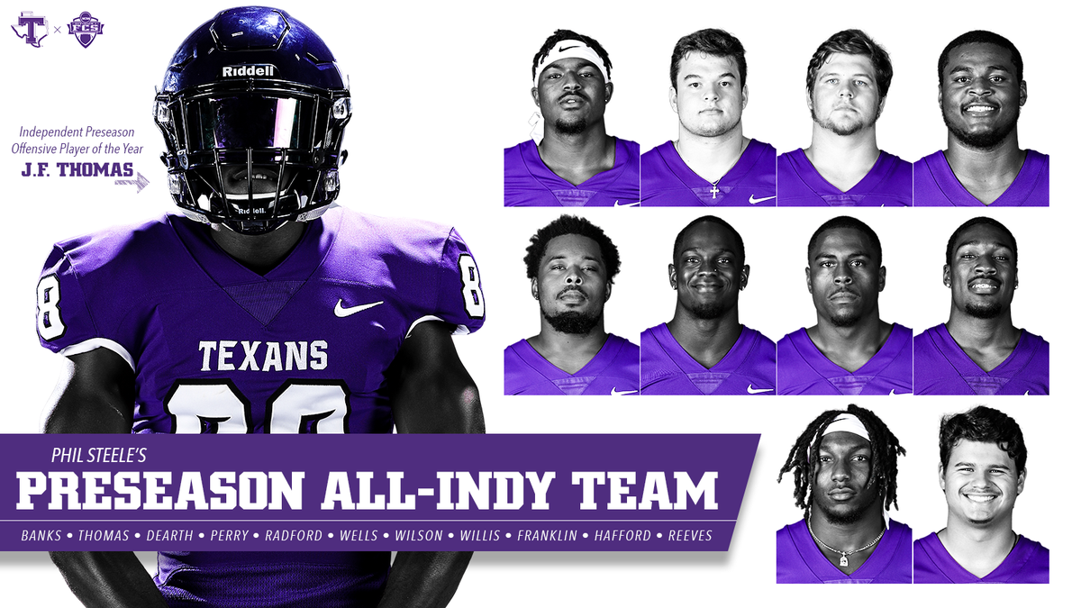 TarletonFB's tweet photo. 11 Texans named to the Phil Steele Preseason FCS All-Independent Team, including the FCS Independent Preseason Offensive Player of the Year J.F. Thomas! 😈 #TexanNation

📰 https://t.co/5RWLpdT3Cs https://t.co/MLgcQck5kv