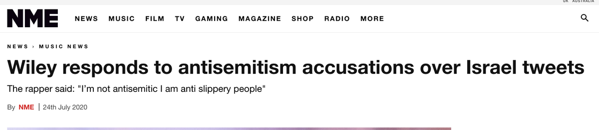 The  @NME decided to report on Wiley's Jew-hating public disintegration today. Did they focus on his active threats of - and calls for - *violence* to Jewish people? No. They made it about fucking Israel. Of course they did!