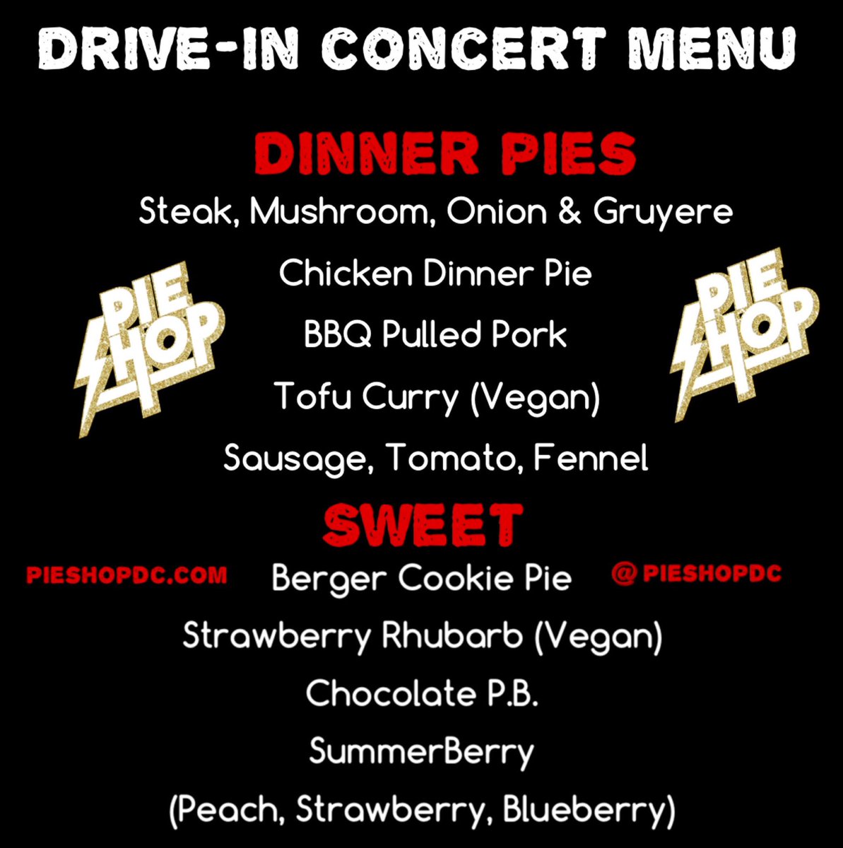 We are out at a Drive-in Concert at Crescendo Studios in Falls Church. Come check us out tonight, along with some great music! Our menu is posted below!