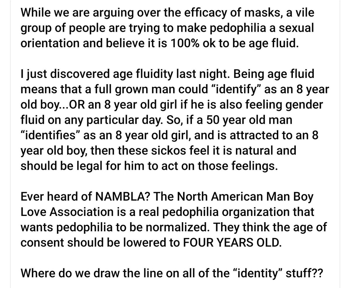 AwSumGenie's tweet photo. Who's looking out for the children. Agefluid or agefluidity. A person who "chooses" their age. Such as a 30 year old identifying as 6. Now do you see how that's problematic? This ideal is ripe for Pedophilia. #Pedophilia #AgeFluidity #SaveTheChildren https://t.co/ELoWH73NSS