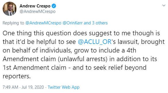 Does not surprise me to see  @ORDOJ's motion fail. As I've been saying for about a week now, the best way to get a judicial order protecting protesters in  #PDX is for the  @ACLU_OR (or someone else) to pursue a 4th Amendment Class Action.  https://twitter.com/conradjwilson/status/1286788609249382400