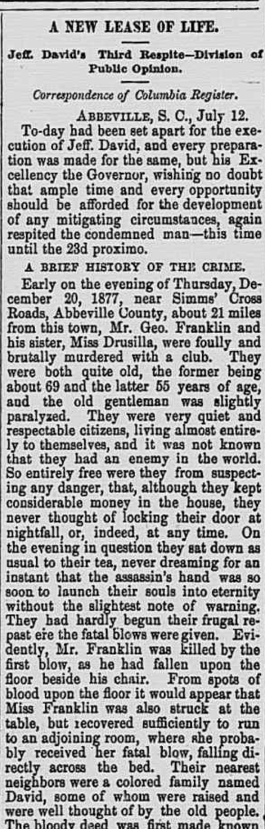 FilmsHobo's tweet photo. Creators of the new six-part podcast of The Trial Of Jeff David found this newspaper clip from The Anderson Intelligencer printed on July 25, 1878. Look closely, at the story's headline: 'A New Lease Of Life'. 150 years later, et Jeff David inspire you to action! Now on @kweliTV https://t.co/fcJFqdf5lI