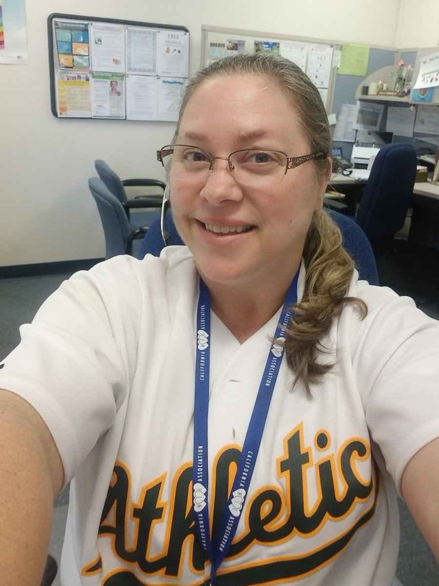 Mickeylover77's tweet photo. At work counting down the minutes until the first pitch of Opening Day 2020 Season for the Oakland A's.  Let's go Oakland! ⚾️💚💛💚 #RootedInOakland https://t.co/NziSpKclFP