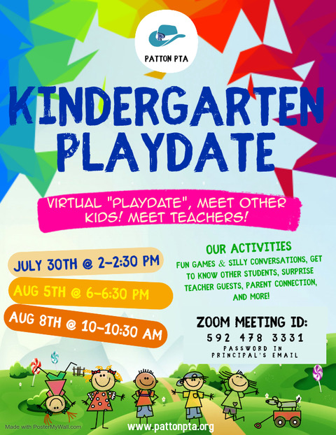Save the date for our virtual kindergarten play dates! Look for the Zoom password in an email from the principal.