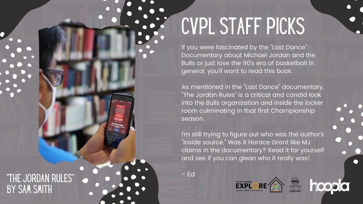 ChulaVistaLib's tweet photo. Our CVPL Staff Pick this week is The Jordan Rules" by Sam Smith available on Hoopla!
#CVPLreads https://t.co/0qNvN2Ega7