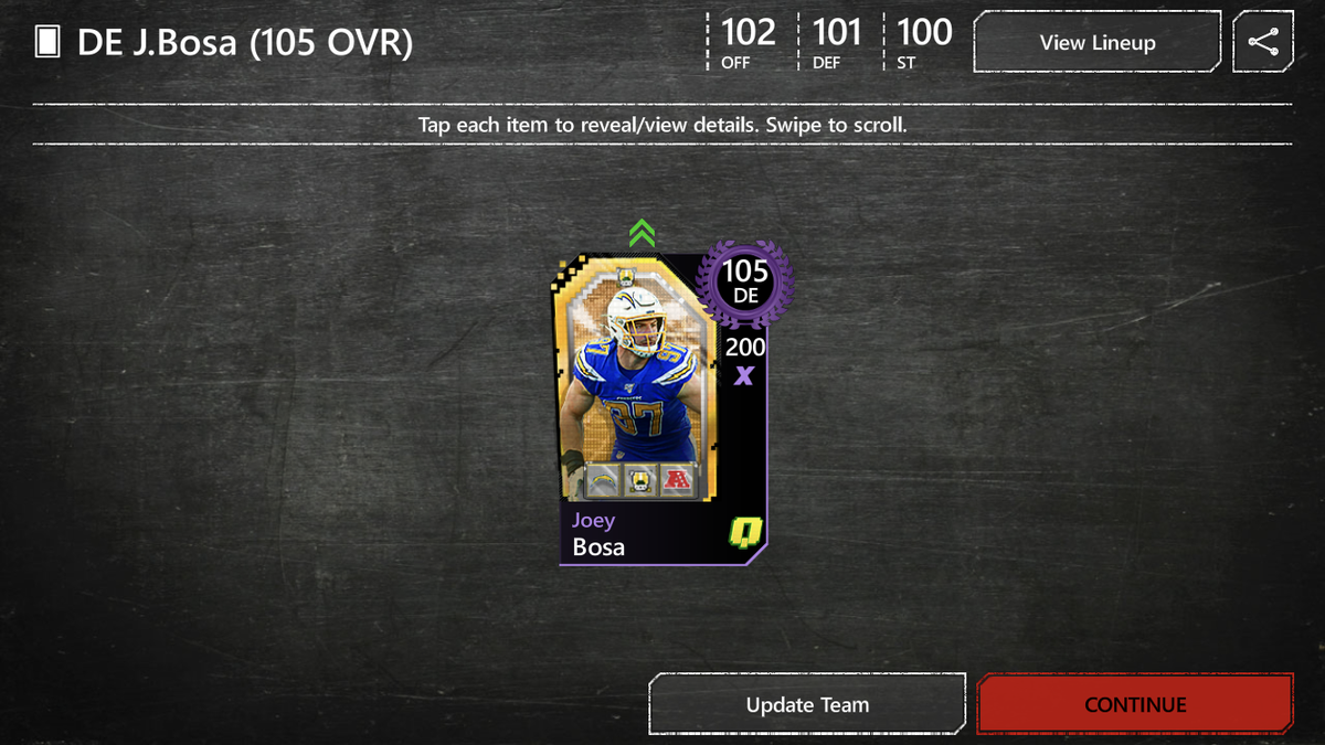 HoodieJP1's tweet photo. @QJBeat @Vol4LifeMM @TheSteelCityMUT @osmani_yt @IcyMajin @EAMaddenMobile Since this is the LAST promo of the season😢, I had to put in the hours for the grind💪😤!! Welcome to the squad, Final Boss Joey Bosa!! #MaddenQuest #FinalPromo #Madden20Mobile #NFL #FinalBoss https://t.co/DM2EasRMpu