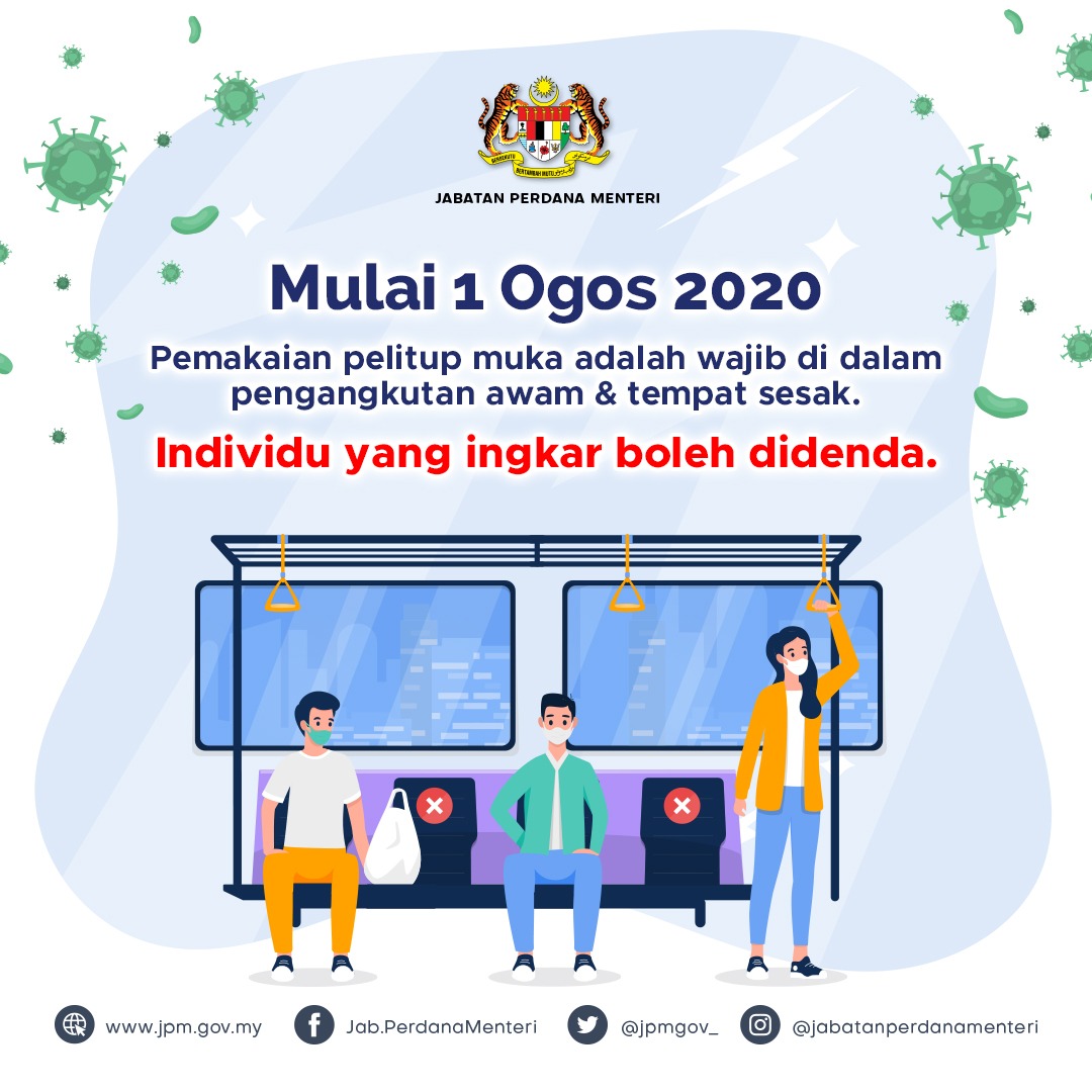 PKPP - Mulai 1 Ogos 2020, pemakaian pelitup muka adalah wajib di dalam pengangkutan awam & tempat sesak. Individu yang ingkar boleh didenda.

Jaga diri, disiplinkan diri dan patuhi SOP ketika berada di luar. 
.
.
#KebiasaanBaharu
#NormaBaharu
#DisiplinMalaysia
#HapusCovid
#JPM