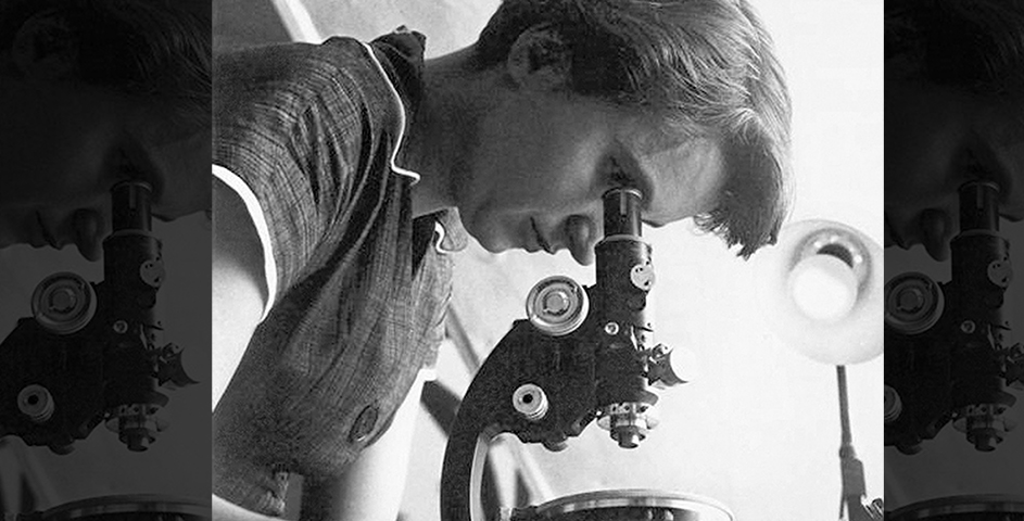 Rosalind Franklin looking into a microscope