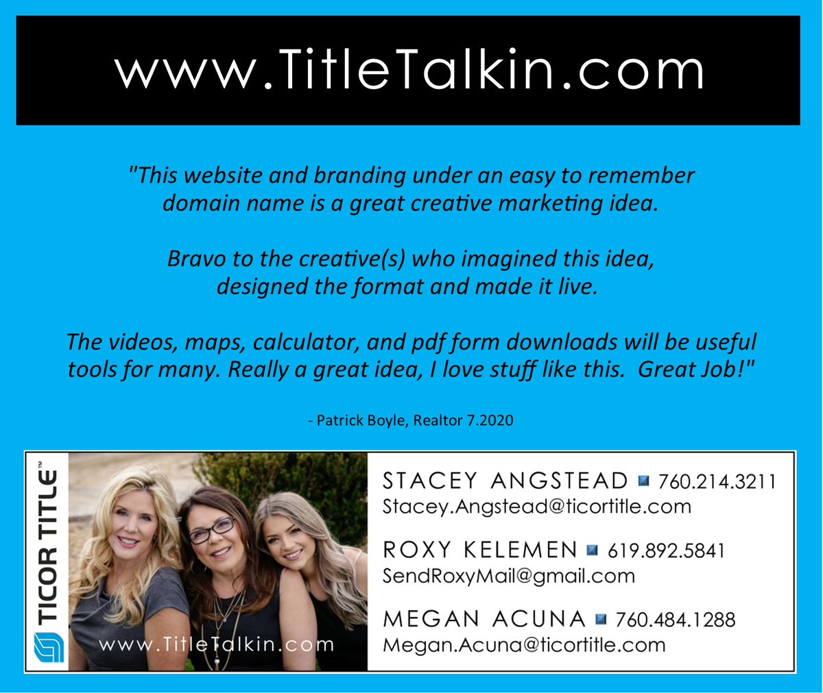 RoxyKelemen's tweet photo. Have you visited our NEW Website? Great things happening at https://t.co/ueejIDFwF3 

#TitleBoss #Share #Realtors #TitleChics #RealEstate #RoxysTicor #SDRealtors #RiversideRealEstate #RealtorsOfCarlsbad #RealtorsOfSanDiego #RealtorsOfVista #RealtorsOfTemecula https://t.co/FR8vlOfx3l