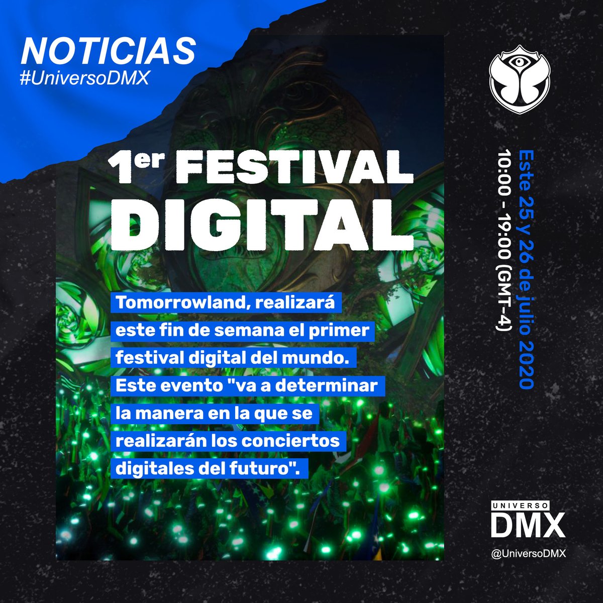 universodmx's tweet photo. 😎EL PRIMER FESTIVAL DIGITAL DE MÚSICA se realizará mañana.

@Tomorrowland se adaptó de una manera única y hará el gigantesco festival en formato digital.

#FestivalesDigitales #tomorrowlandDigital #TomorrowlandAroundTheWorld #Tomorrowland2020  #NoticiasUniversoDMX #universoDMX https://t.co/duBLyZk366