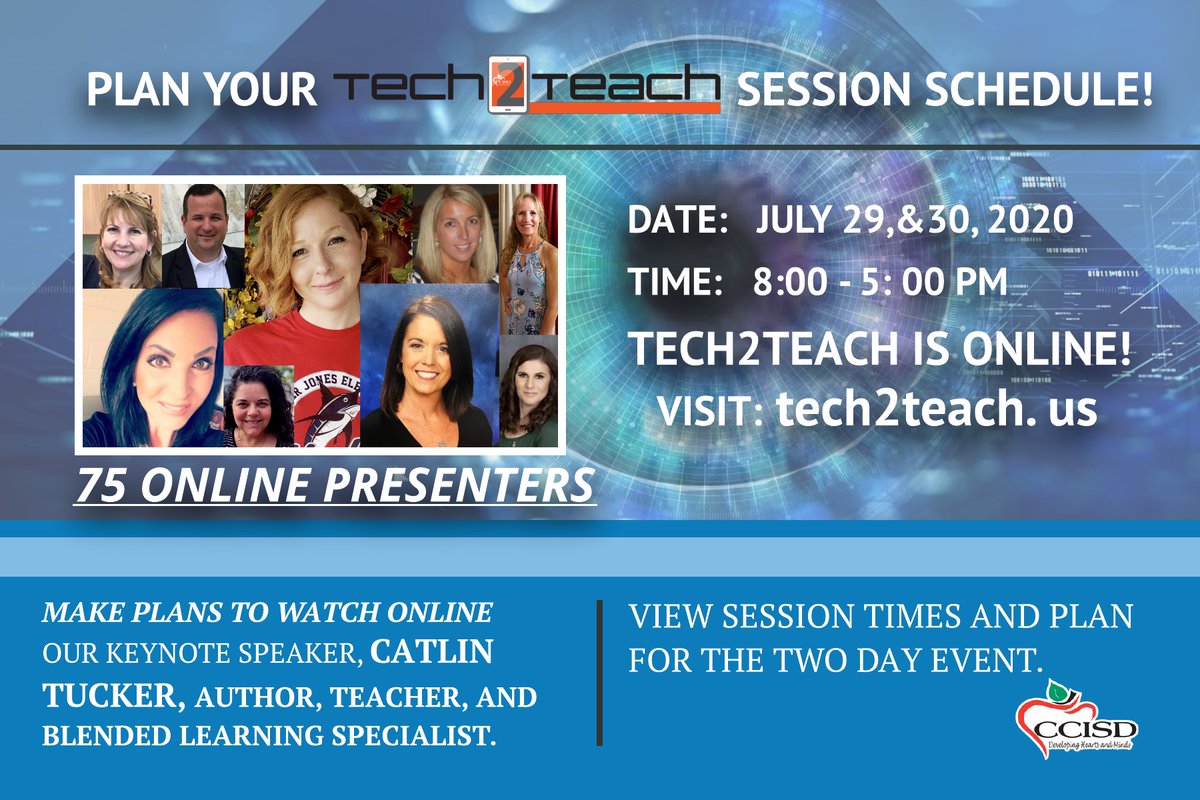 CCISDIT's tweet photo. Tech2Teach will be virtual this year, come learn with us and experience a better vision together.  Session Info and Times can be found at our https://t.co/TZMvOf9qcJ Website.  SEE you there! @CCISD  #T2T2020 https://t.co/lrDXD4RglN