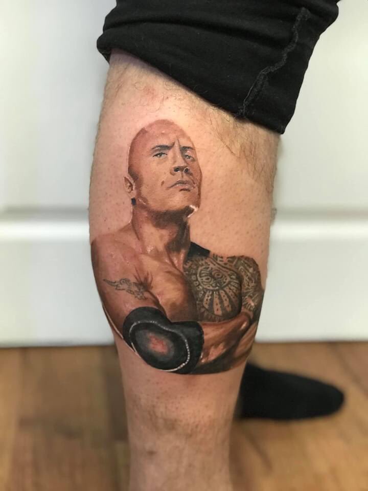 JakeBrownTattoo's tweet photo. Portrait of @TheRock I did a while back. Definitely one of my favourite tattoos to do! 
#TheRock #DwayneJohnson #WWE #Wrestling #jumanji #portrait #tattoo #tattooist #ballers #titangames https://t.co/ToQHw57EDP