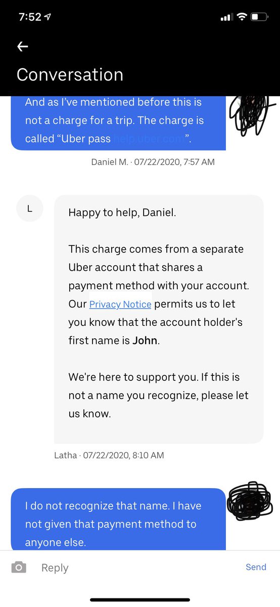  @Uber_Support I have tried without success to track down unauthorized charges on my credit card. In-app support is not helpful and they haven’t responded to me in 48 hours. Apparently someone named John has my payment information