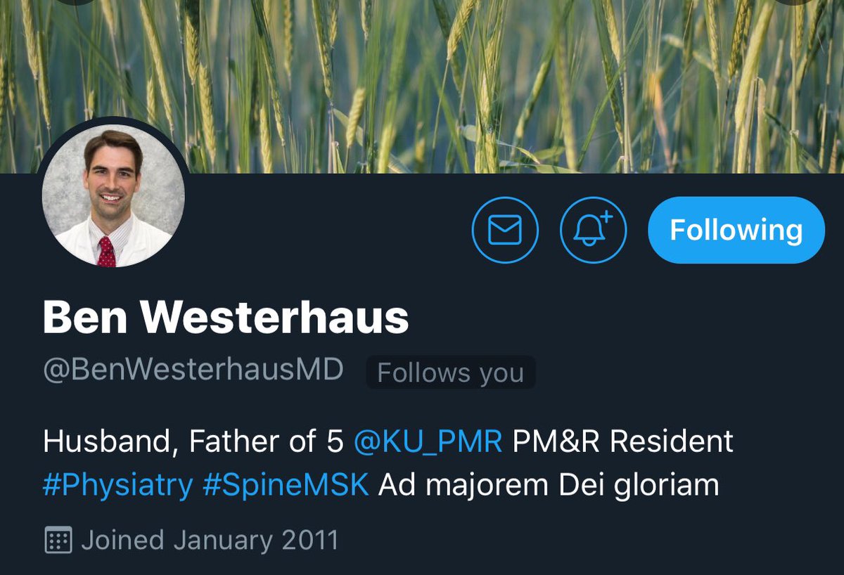 It’s #FollowFriday so help me welcome @BenWesterhausMD Academic Chief Resident @KU_PMR to #MedTwitter He’s pursuing #Spine #MSK #Pain here are some great mentors to follow @NHausMD  @jeubanksMD @KohanLynn @omarselod @doctdeer @dsayed1 @jonhagedornmd feel free to tag more! 💪🏻