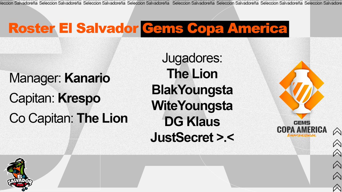 🕴🏻🕴🏻🇸🇻🕴🏻🕴🏻
Traemos algo espectacular para uds...

Gracias a @GEMS_BS y organizador @Naco_BS presentamos el 
ROSTER DE LA COPA AMÉRICA!

Celebrándose su inauguración hoy y llegando nuestra participación el día de mañana, les deseamos lo mejor de los éxitos!

🕴🏻🕴🏻 #WeAreESA🕴🏻🕴🏻