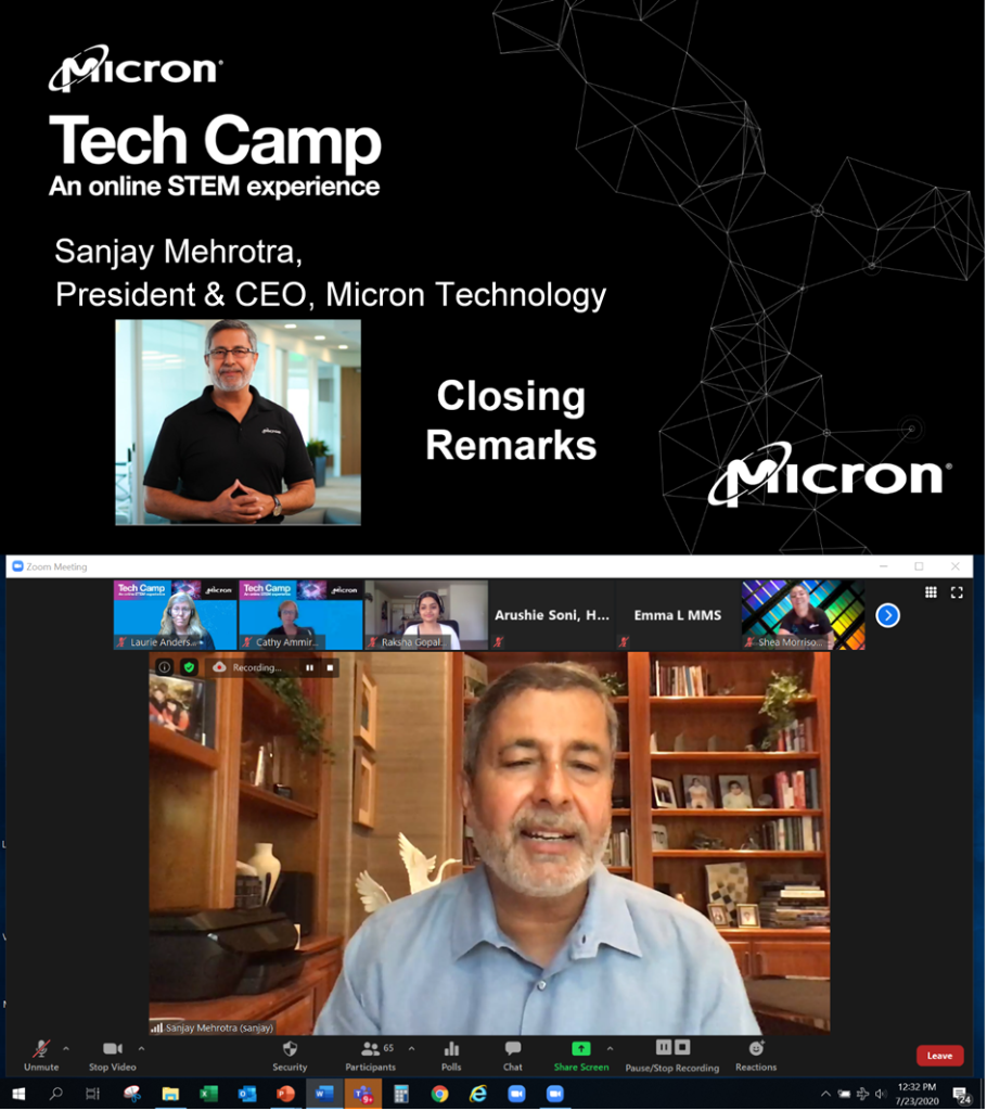 MicronTech's tweet photo. Our President and CEO, Sanjay Mehrotra, spoke with our rising 8th and 9th grade Tech Campers yesterday, recapping their successful week -- acknowledging a first step on their journey to a career in #STEM. @MicronGives https://t.co/6ZYHtUzwg9