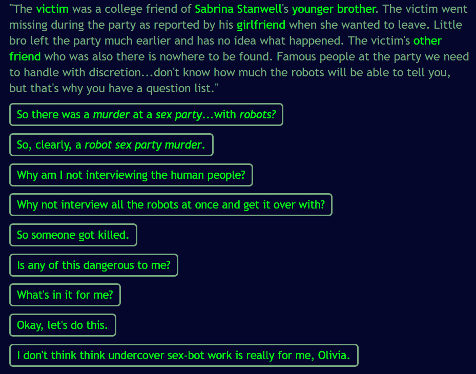 DrakeFelicity's tweet photo. Just posted a belated review of @hanonondricek's weird and delightful 2019 IFComp game, robotsexpartymurder: https://t.co/H4hf3e9zuj https://t.co/HCfWvIVF7l