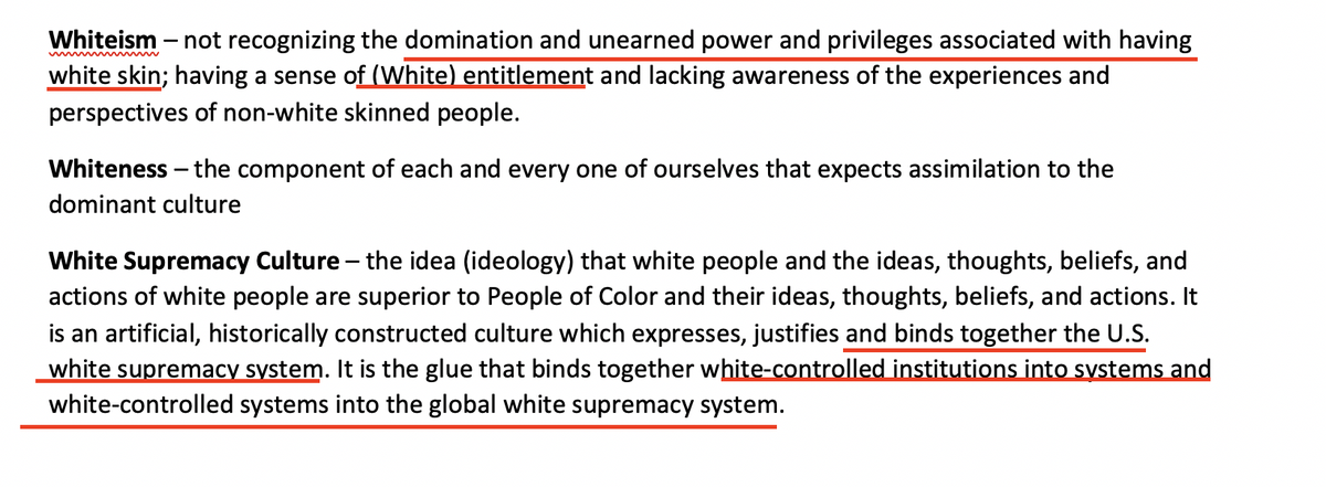 In the attached glossary, the officials claim that whites uphold "the U.S. white supremacy system," "oppress People of Color," and have "unearned power and privileges associated with having white skin," which they call "Whiteism."